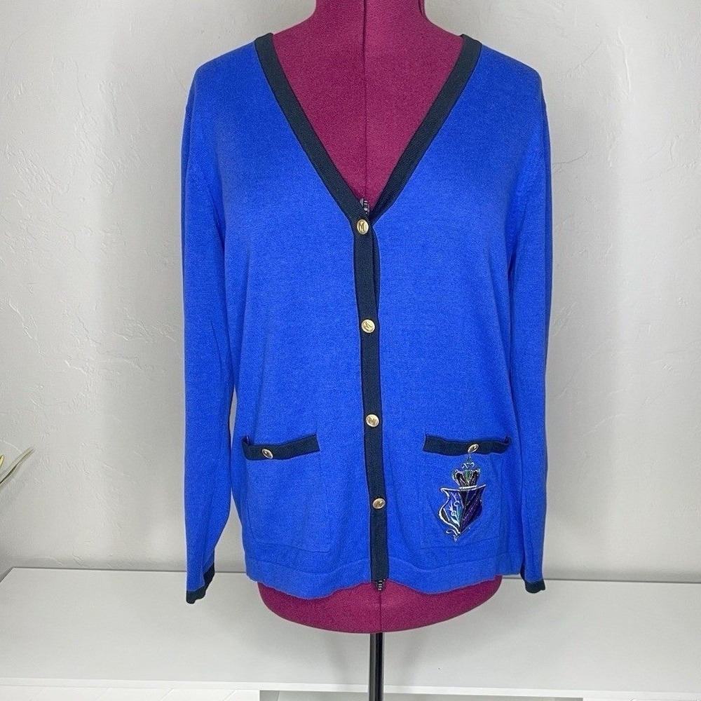 Bob Mackie‎ Cardigan Women's L Blue Embroidered Crest V-Neck Gold Button Sweater